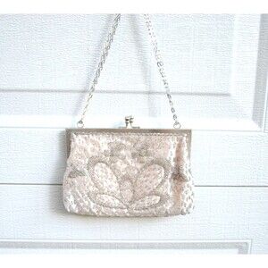 Vintage Evening Bag Women's Champagne Silver Beaded Floral Lotus Chain 1960's